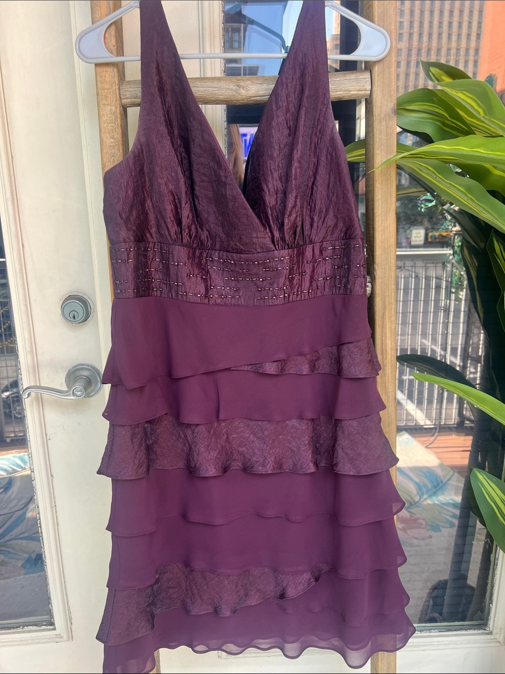 S.L. Fashions Plum One-Shoulder Tiered Cocktail Dress